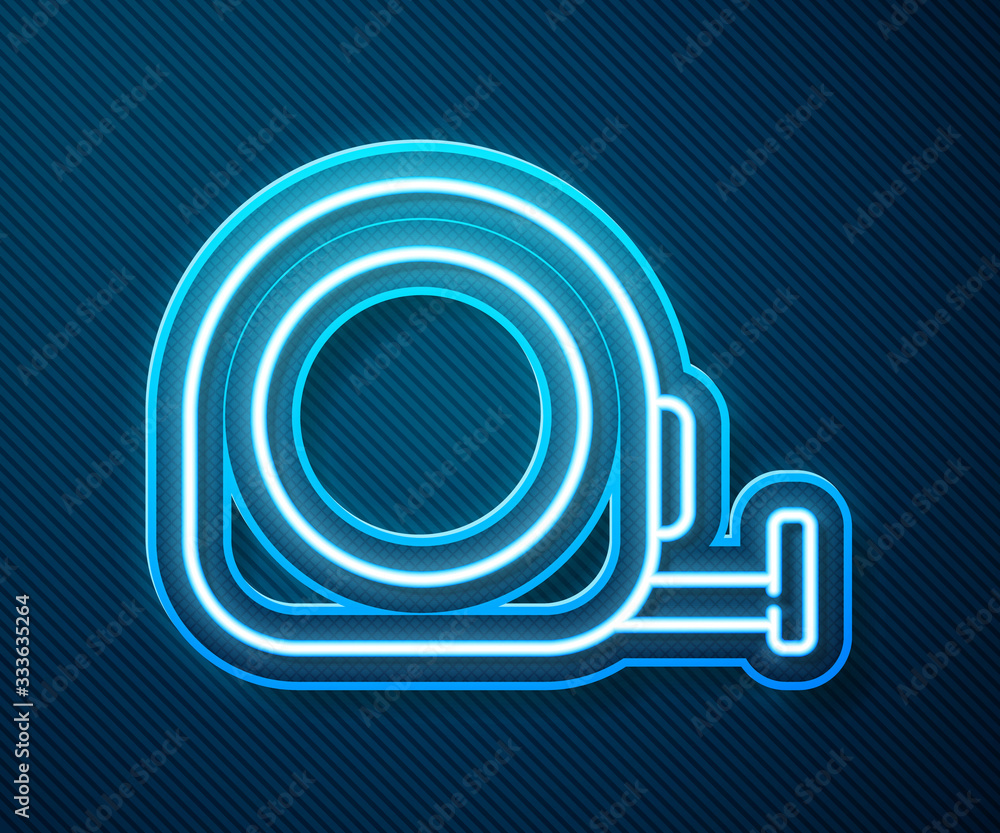 Glowing neon line Roulette construction icon isolated on blue background. Tape measure symbol. Vecto