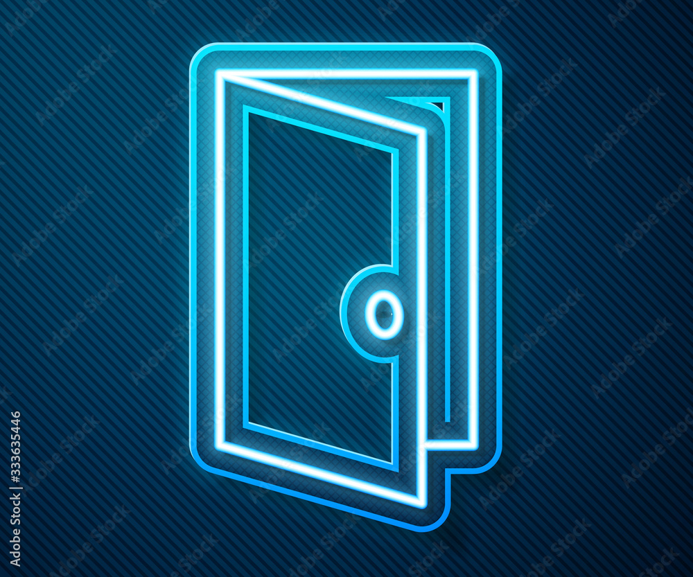 Glowing neon line Closed door icon isolated on blue background. Vector Illustration