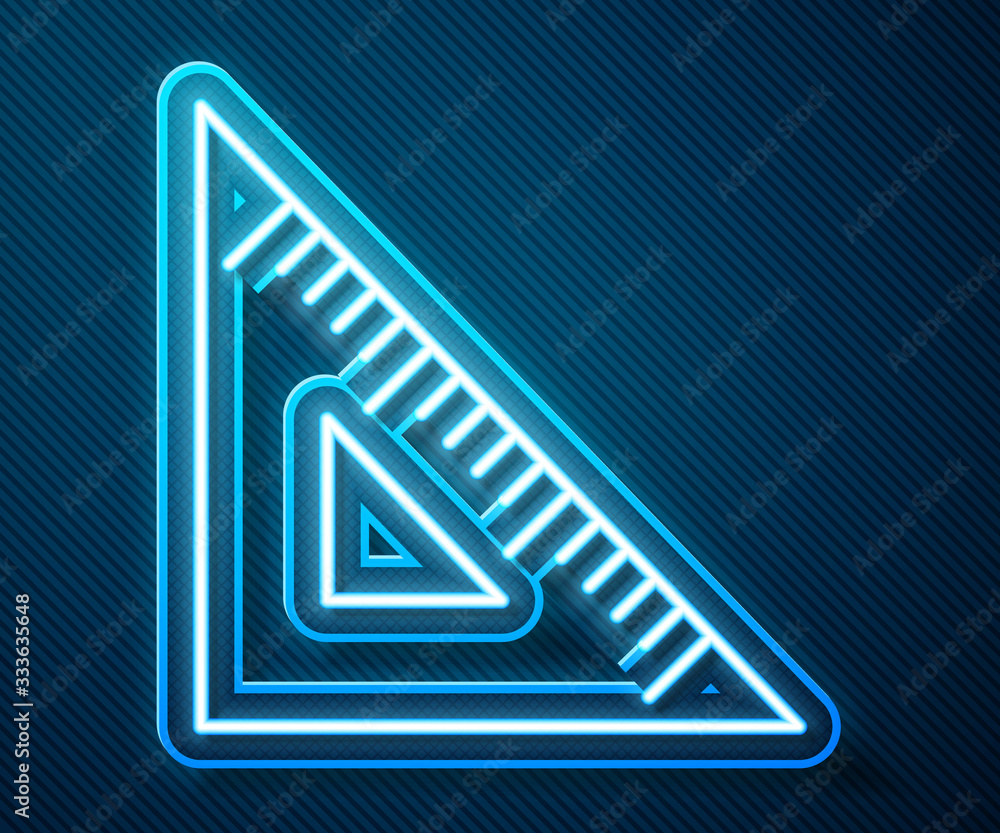 Glowing neon line Triangular ruler icon isolated on blue background. Straightedge symbol. Geometric 