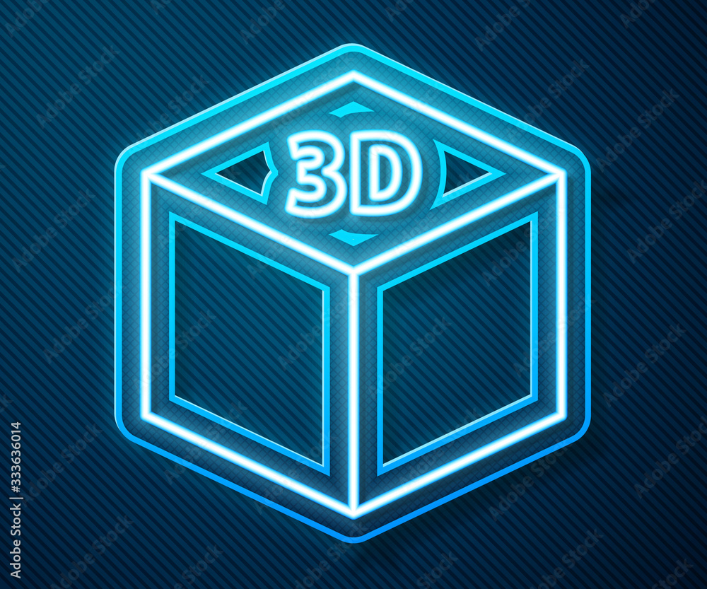 Glowing neon line Isometric cube icon isolated on blue background. Geometric cubes solid icon. 3D sq