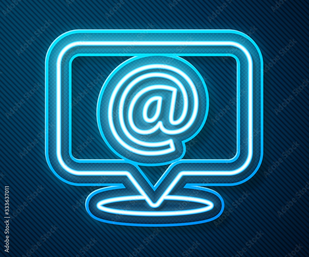 Glowing neon line Mail and e-mail icon isolated on blue background. Envelope symbol e-mail. Email me