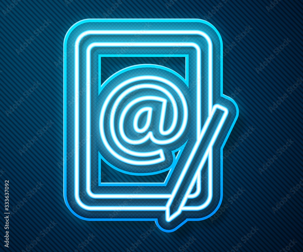 Glowing neon line Mail and e-mail icon isolated on blue background. Envelope symbol e-mail. Email me