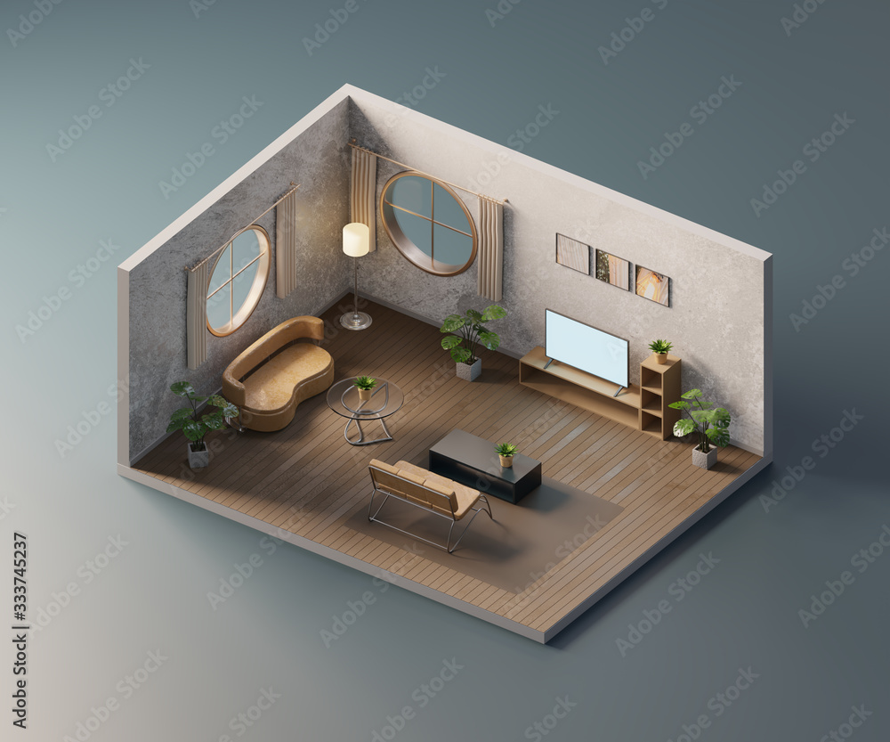 Isometric Living room open inside interior architecture, 3d rendering.