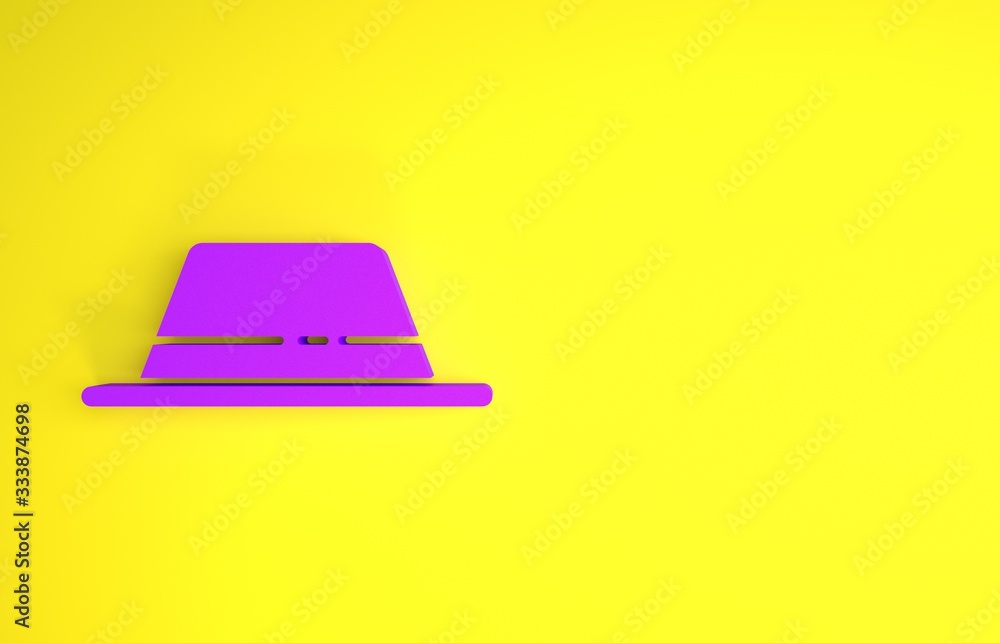 Purple Man hat with ribbon icon isolated on yellow background. Minimalism concept. 3d illustration 3