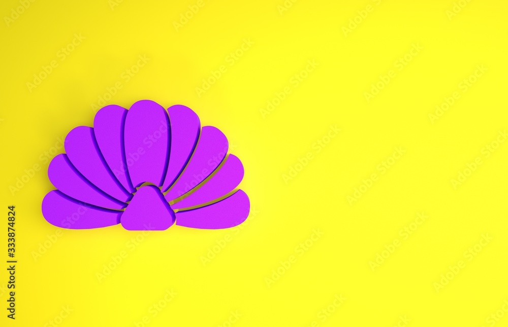 Purple Scallop sea shell icon isolated on yellow background. Seashell sign.Minimalism concept. 3d il