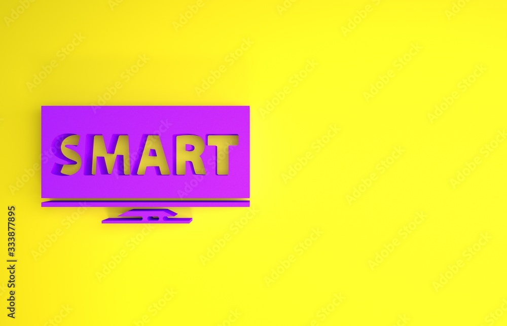 Purple Screen tv with Smart video technology icon isolated on yellow background. Minimalism concept.