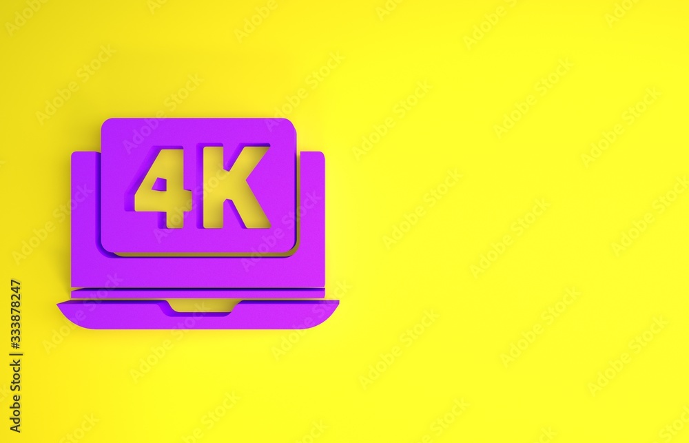 Purple Laptop screen with 4k video technology icon isolated on yellow background. Minimalism concept