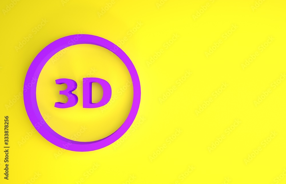 黄色背景上隔离的紫色3D单词图标。极简主义概念。3D插图3D渲染