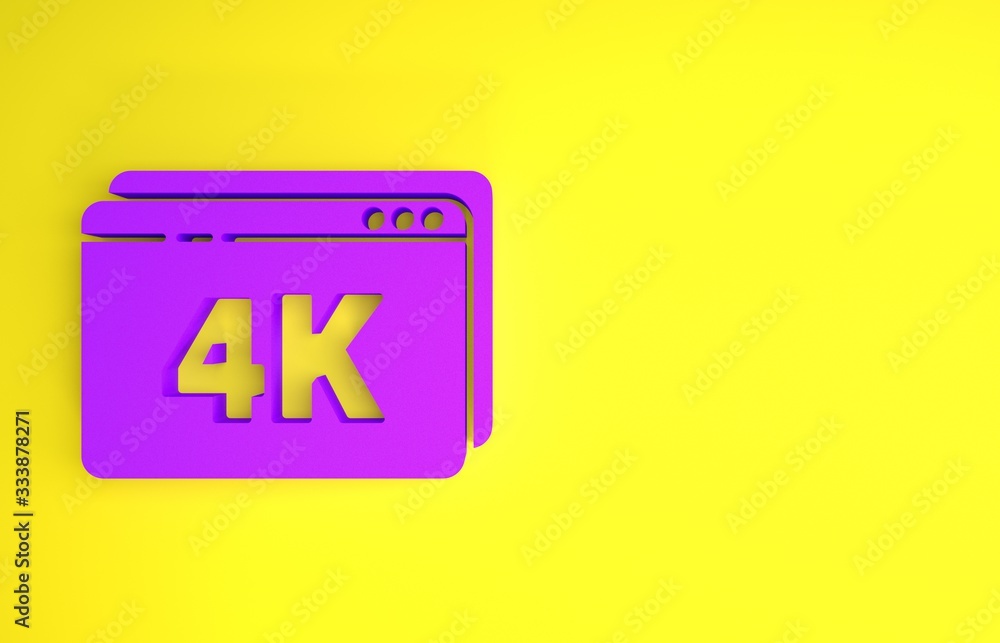 Purple Online play video with 4k Ultra HD video technology icon isolated on yellow background. Film 