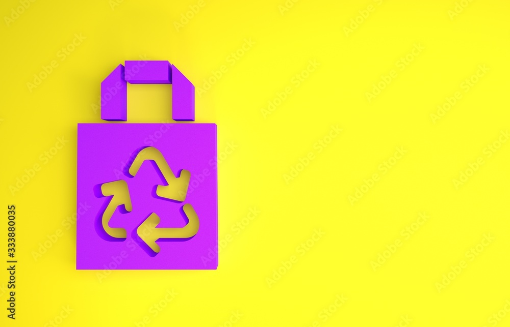 Purple Paper shopping bag with recycle icon isolated on yellow background. Bag with recycling symbol