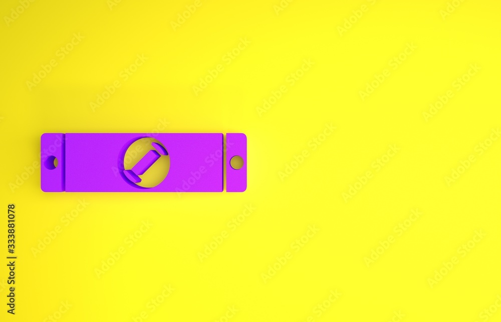 Purple Construction bubble level icon isolated on yellow background. Waterpas, measuring instrument,