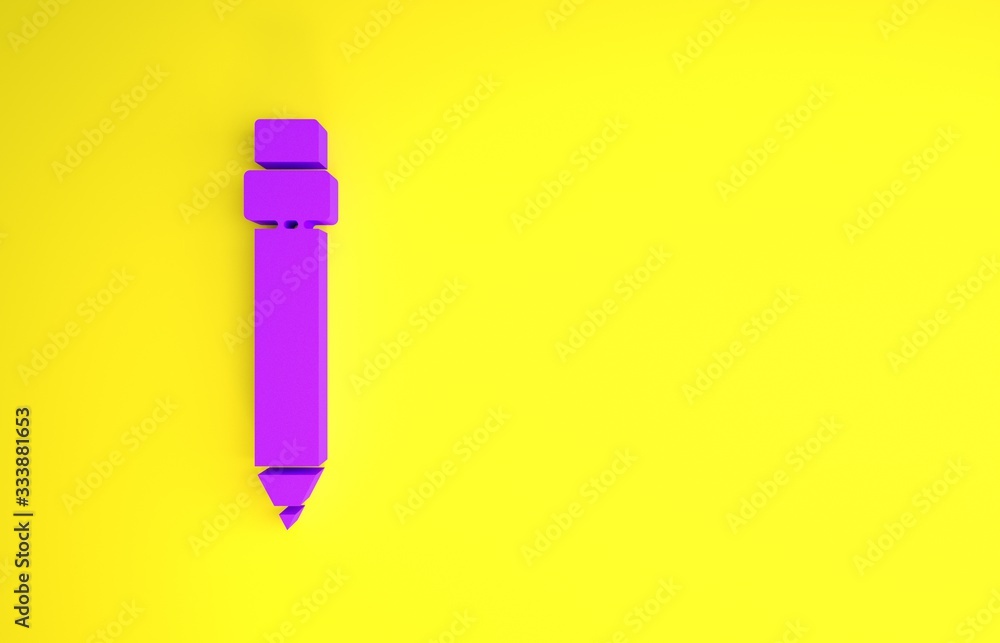 Purple Pencil with eraser icon isolated on yellow background. Drawing and educational tools. School 