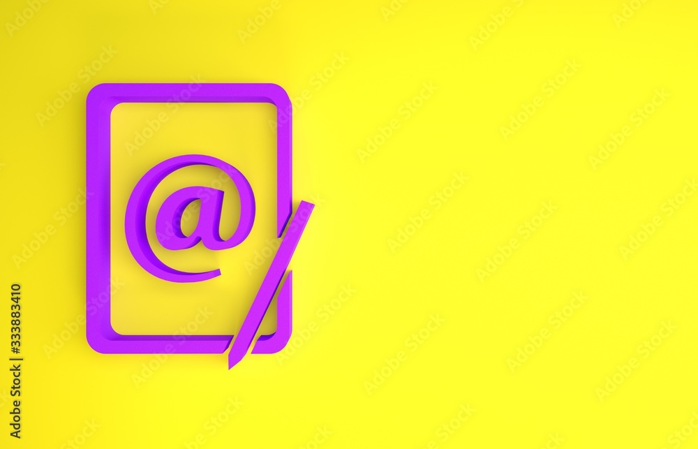 Purple Mail and e-mail icon isolated on yellow background. Envelope symbol e-mail. Email message sig