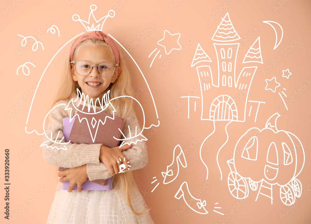 Little girl with books dreaming about being princess on color background