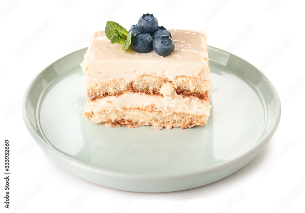 Plate with tasty tiramisu on white background