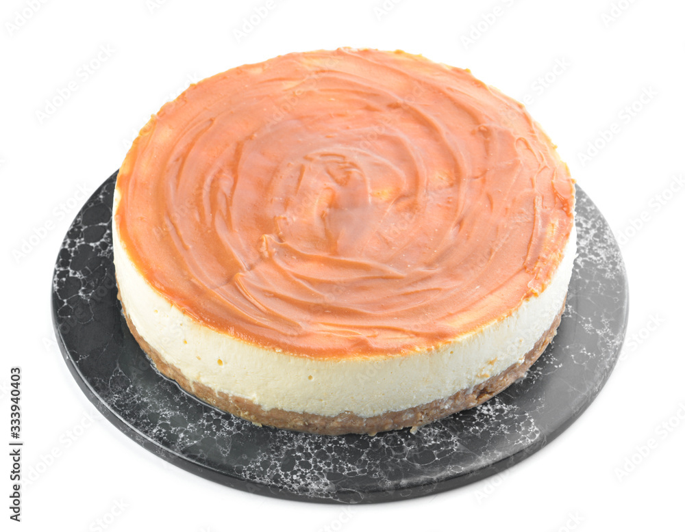 Tasty cheesecake on white background