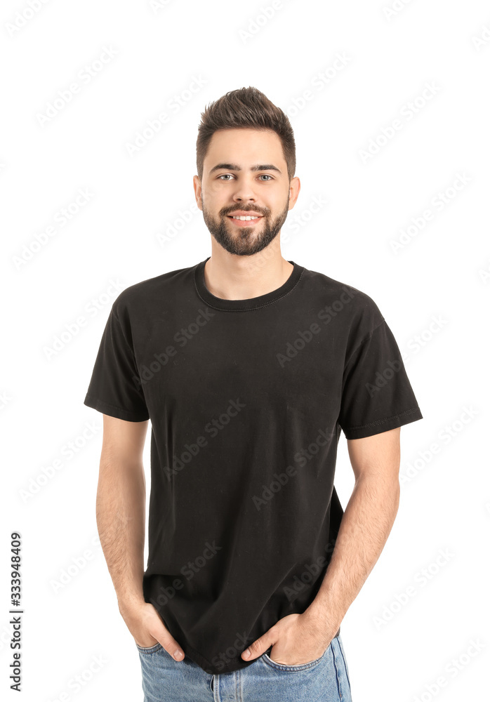 Handsome man with healthy hair on white background