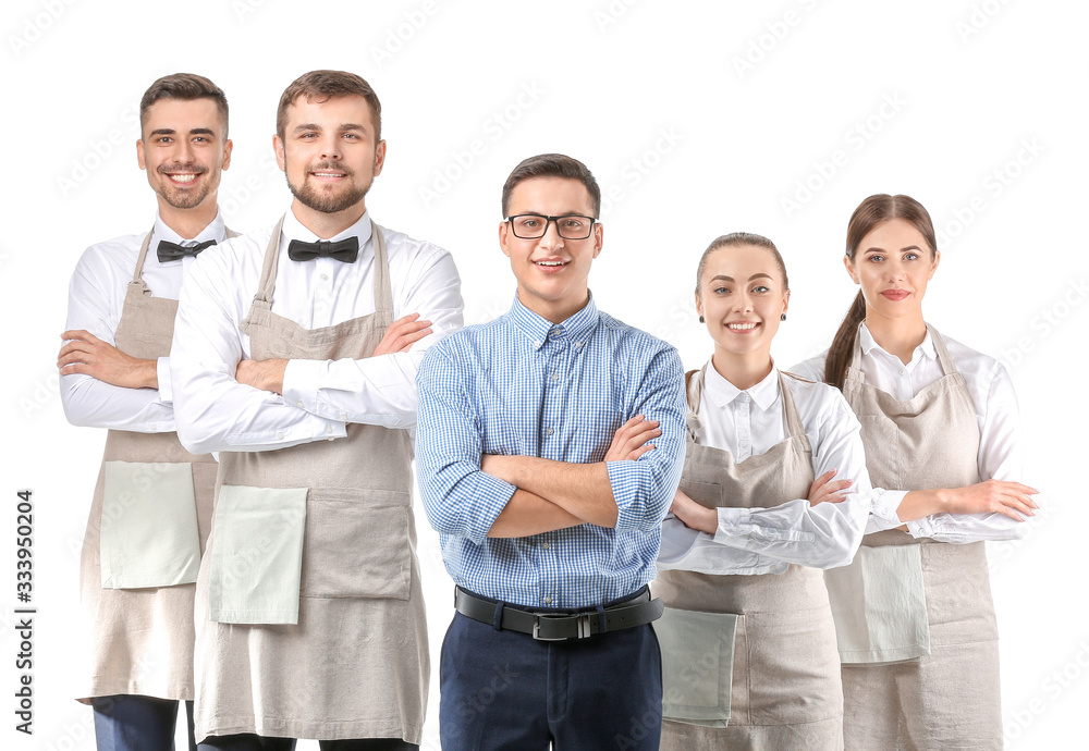 Group of waiters with teacher on white background