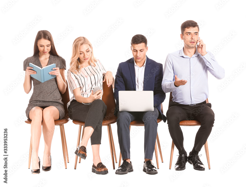 Young business people waiting in line on white background