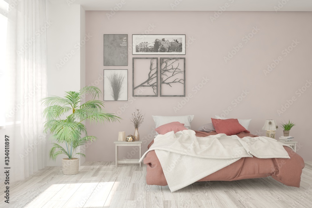 White bedroom interior. Scandinavian design. 3D illustration