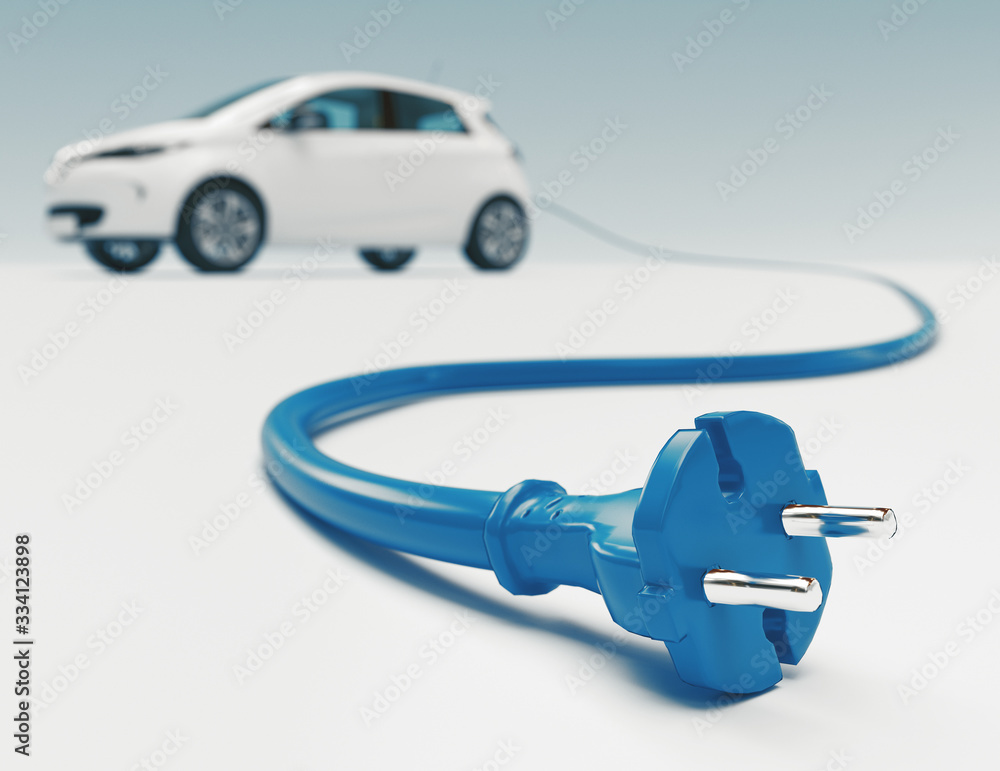 Close up of electric vehicle plug charging car isolated on white. 3d rendering