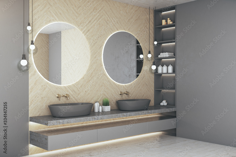 Cozy loft bathroom interior with two mirror