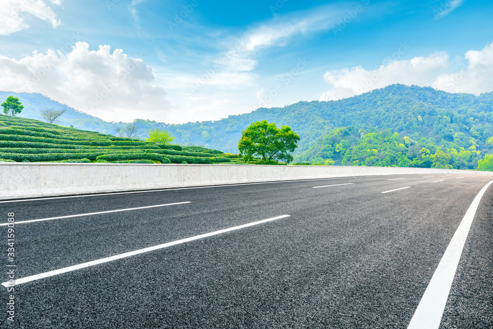 Empty asphalt road and green tea plantation nature landscape.