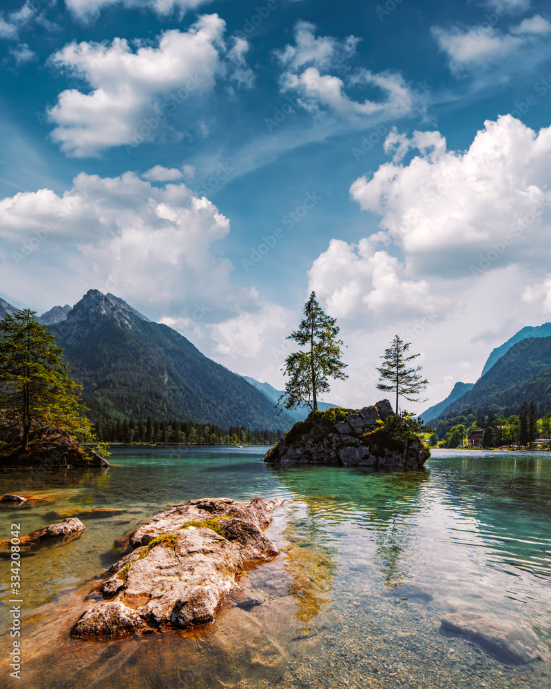 Amazing sunny summer day on the Hintersee lake in Austrian Alps, Europe. Landscape photography