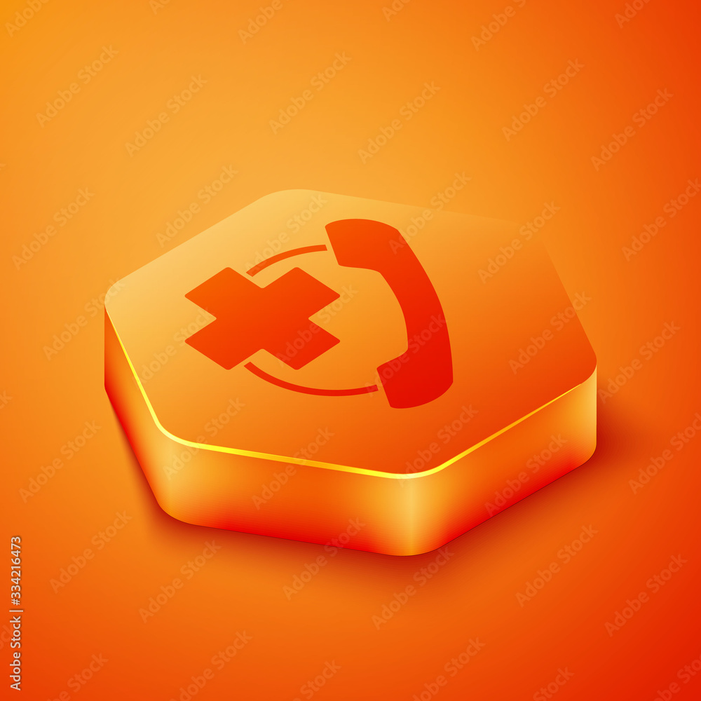 Isometric Emergency phone call to hospital icon isolated on orange background. Orange hexagon button