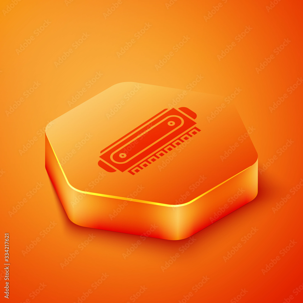 Isometric Harmonica icon isolated on orange background. Musical instrument. Orange hexagon button. V