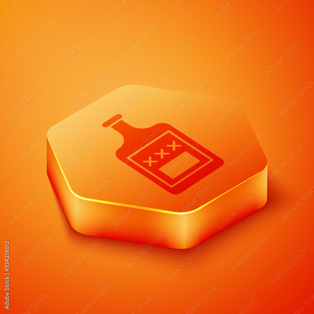 Isometric Whiskey bottle icon isolated on orange background. Orange hexagon button. Vector Illustrat