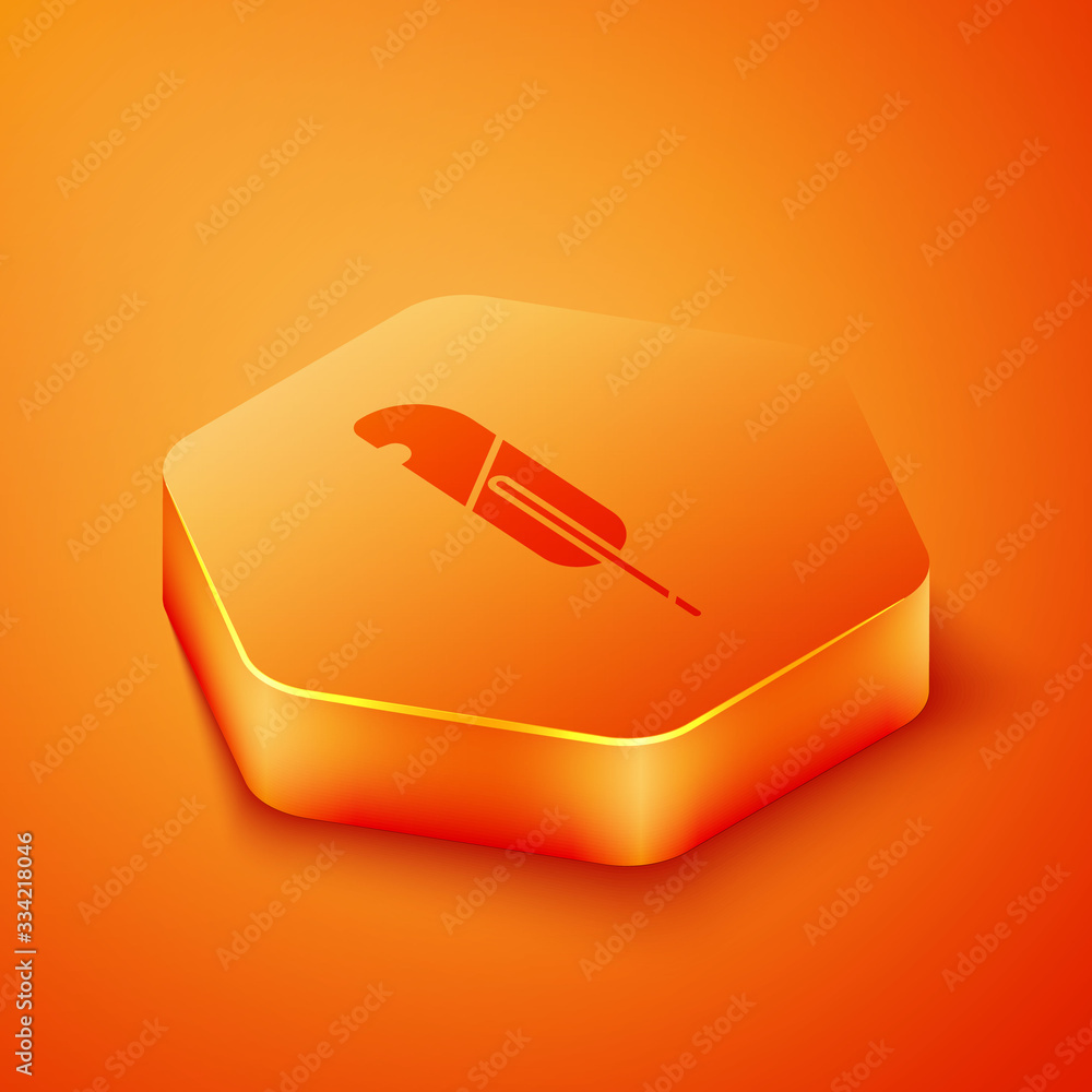 Isometric Feather pen icon isolated on orange background. Orange hexagon button. Vector Illustration