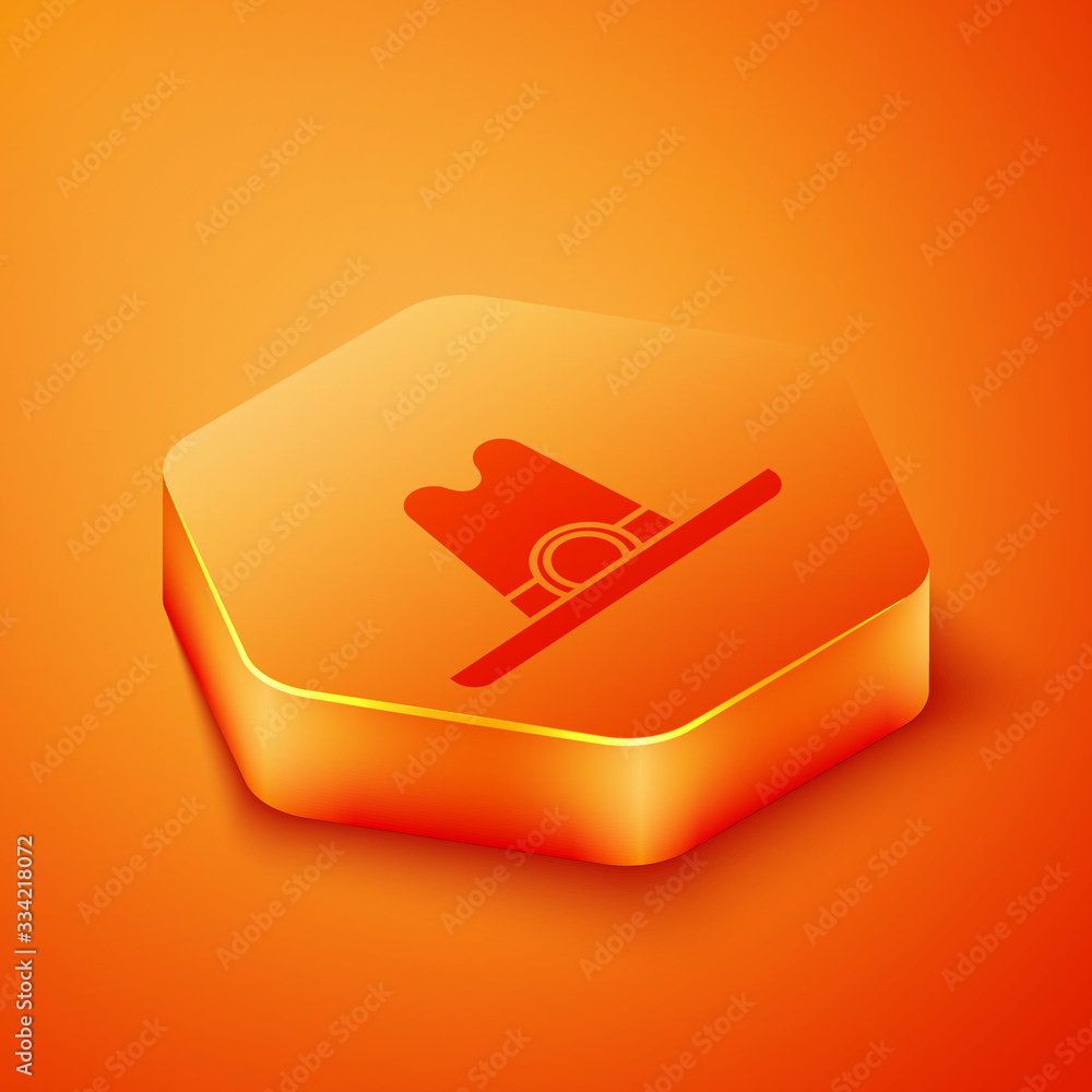 Isometric Western cowboy hat icon isolated on orange background. Orange hexagon button. Vector Illus