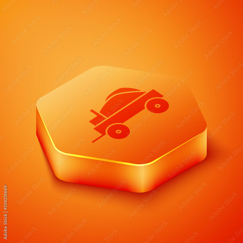 Isometric Wild west covered wagon icon isolated on orange background. Orange hexagon button. Vector 