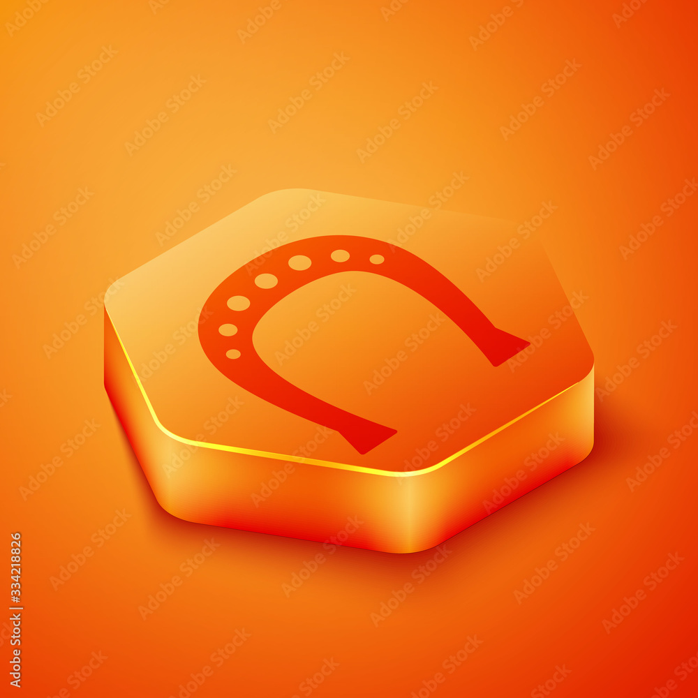 Isometric Horseshoe icon isolated on orange background. Orange hexagon button. Vector Illustration