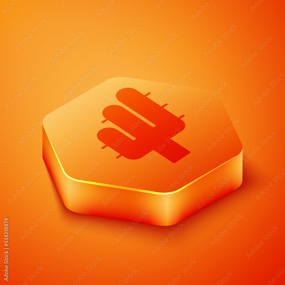 Isometric Cactus icon isolated on orange background. Orange hexagon button. Vector Illustration