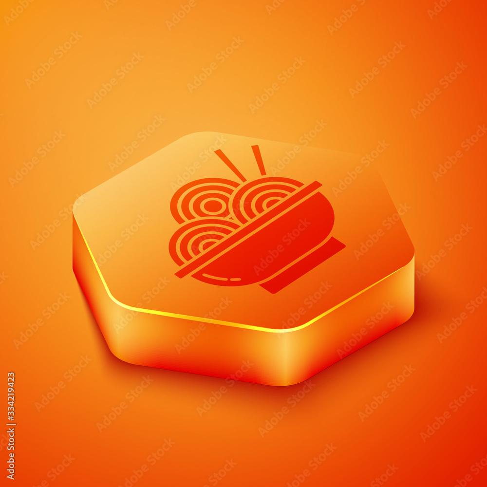 Isometric Asian noodles in bowl and chopsticks icon isolated on orange background. Street fast food.