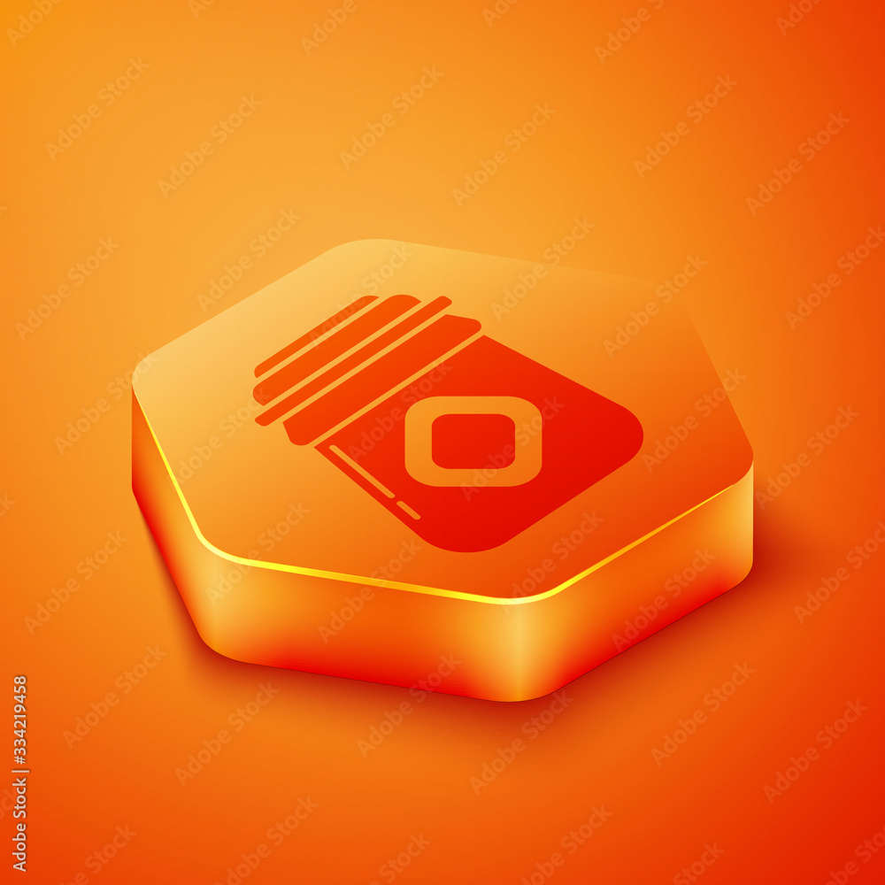 Isometric Jar of honey icon isolated on orange background. Food bank. Sweet natural food symbol. Ora