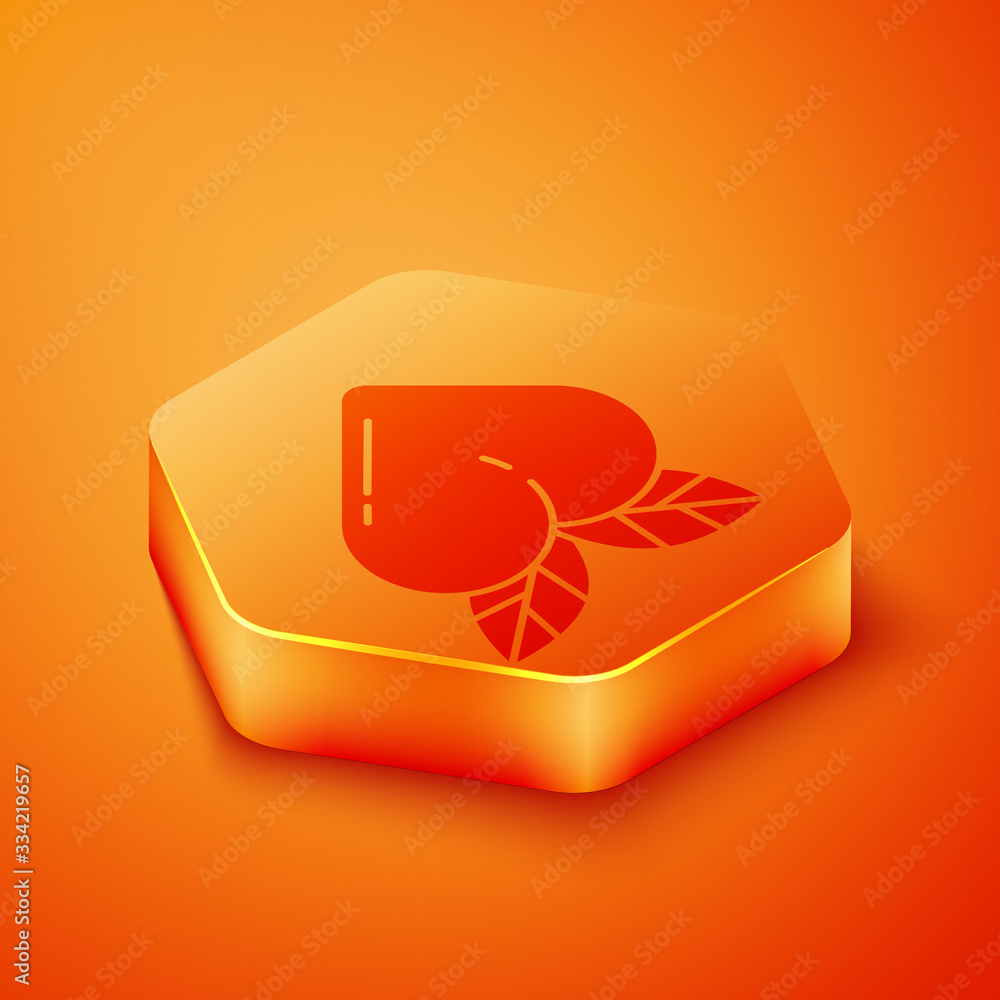 Isometric Peach fruit or nectarine with leaf icon isolated on orange background. Orange hexagon butt