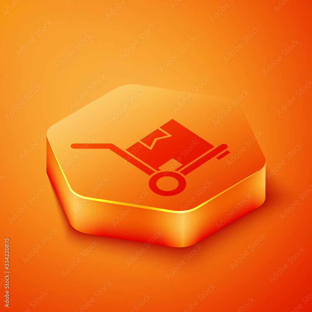 Isometric Hand truck and boxes icon isolated on orange background. Dolly symbol. Orange hexagon butt