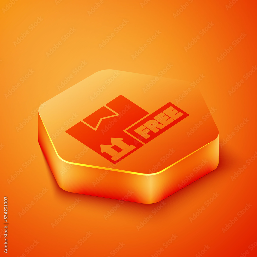 Isometric Cardboard box with free symbol icon isolated on orange background. Box, package, parcel. D