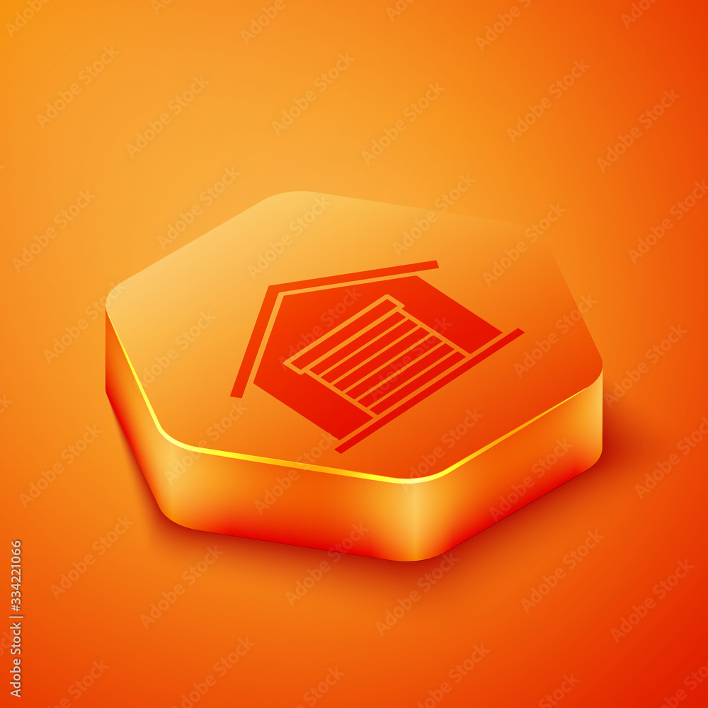 Isometric Warehouse icon isolated on orange background. Orange hexagon button. Vector Illustration