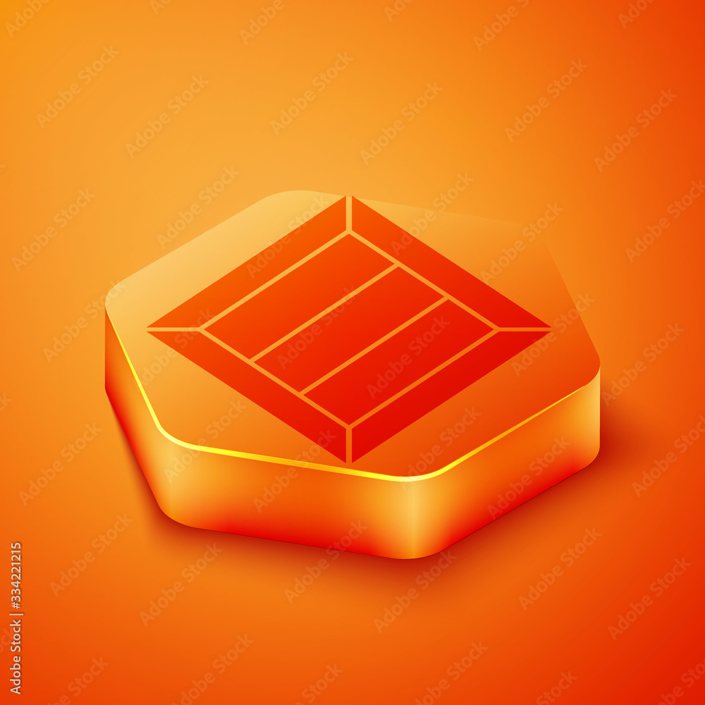 Isometric Wooden box icon isolated on orange background. Orange hexagon button. Vector Illustration