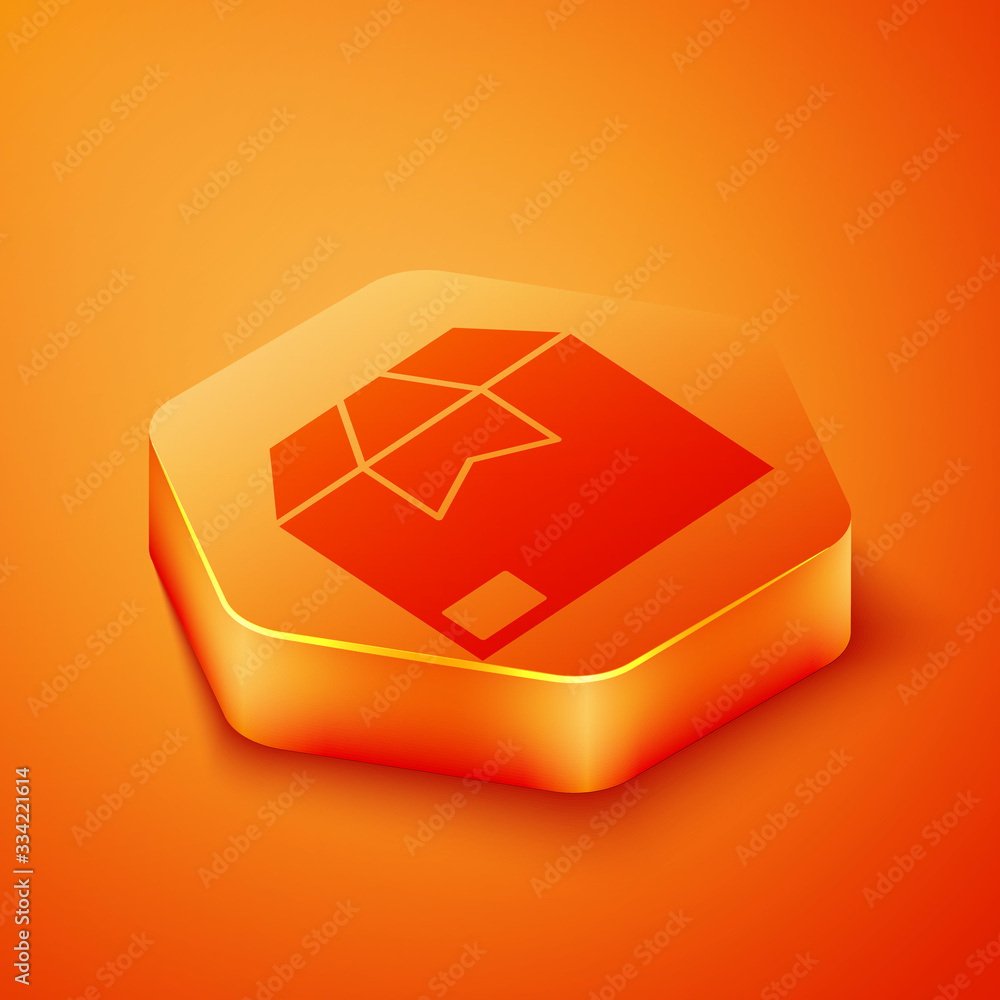 Isometric Carton cardboard box icon isolated on orange background. Box, package, parcel sign. Delive