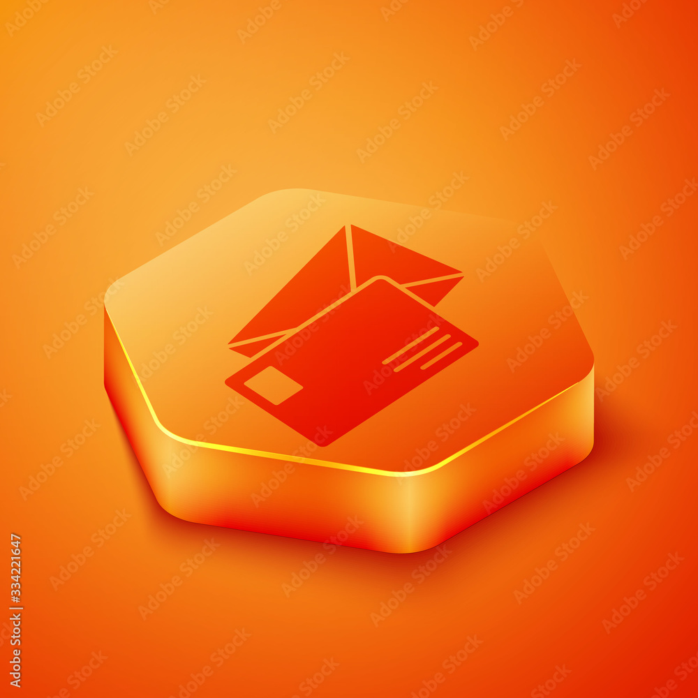 Isometric Envelope icon isolated on orange background. Email message letter symbol. Orange hexagon b