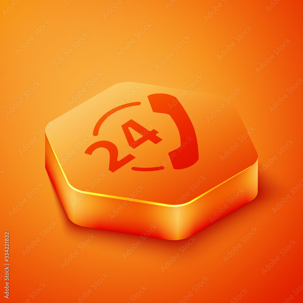 Isometric Telephone 24 hours support icon isolated on orange background. All-day customer support ca