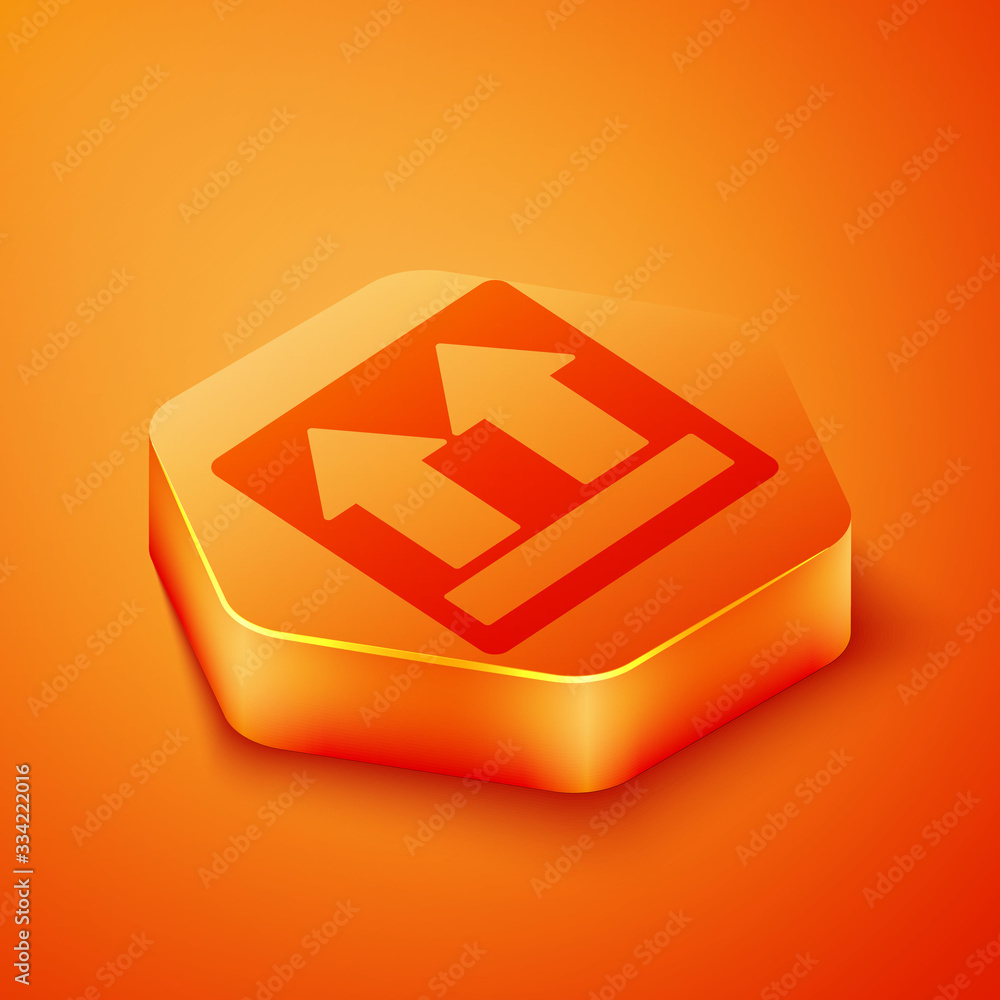 Isometric This side up icon isolated on orange background. Two arrows indicating top side of packagi