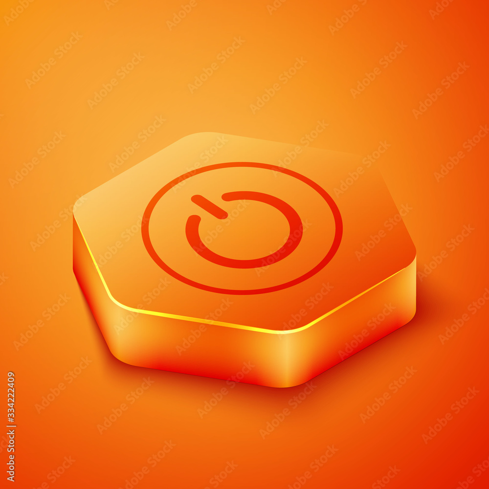 Isometric Power button icon isolated on orange background. Start sign. Orange hexagon button. Vector