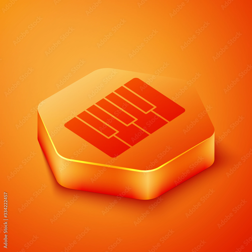 Isometric Music synthesizer icon isolated on orange background. Electronic piano. Orange hexagon but