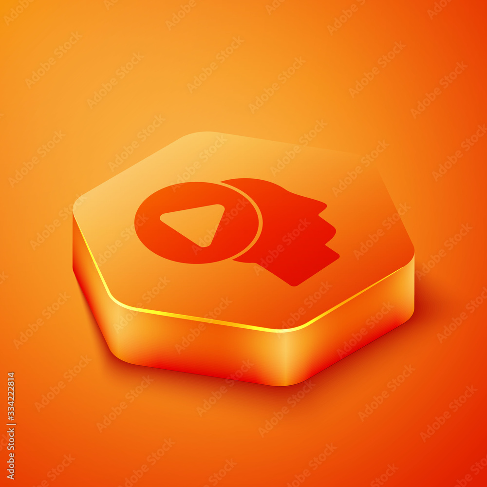 Isometric Head people with play button icon isolated on orange background. Orange hexagon button. Ve